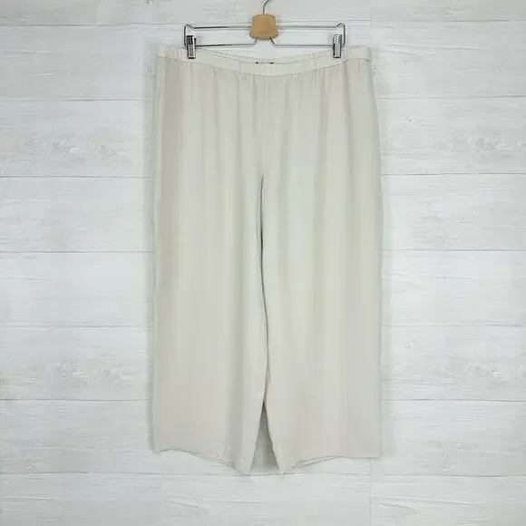 Eileen Fisher Size XL Silk Georgette Crepe Cropped Pants Wide Leg Pull On Bone - Picture 2 of 16